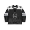 Black fantasy jersey front with a silver flame crest, lace-up collar, and glyph sleeve bands