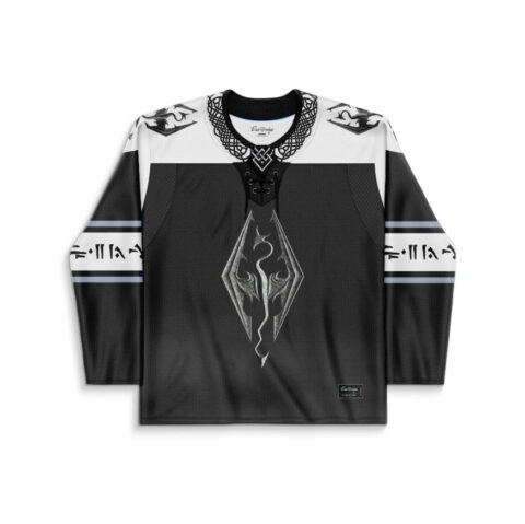 Black fantasy jersey front with a silver flame crest, lace-up collar, and glyph sleeve bands