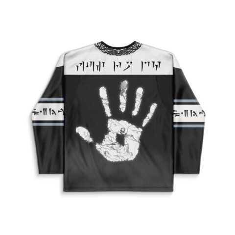 Black fantasy jersey back with a cracked white handprint and glyph bands for festival wear