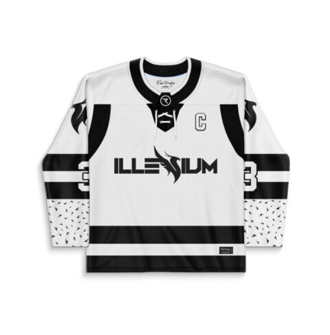 Black-and-white clean winged-logo jersey front view with captain C, bold stripes, and patterned cuffs