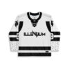 White-and-black clean winged-logo jersey straight-on view with lace-up collar and contrasting sleeve patterns