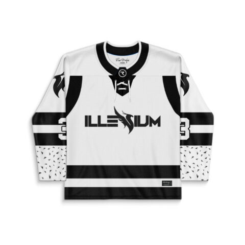White-and-black clean winged-logo jersey straight-on view with lace-up collar and contrasting sleeve patterns