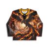 Black flaming phoenix pattern with fiery planets, lace-up collar, front view of festival hockey jersey
