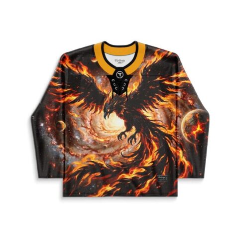 Black flaming phoenix pattern with fiery planets, lace-up collar, front view of festival hockey jersey