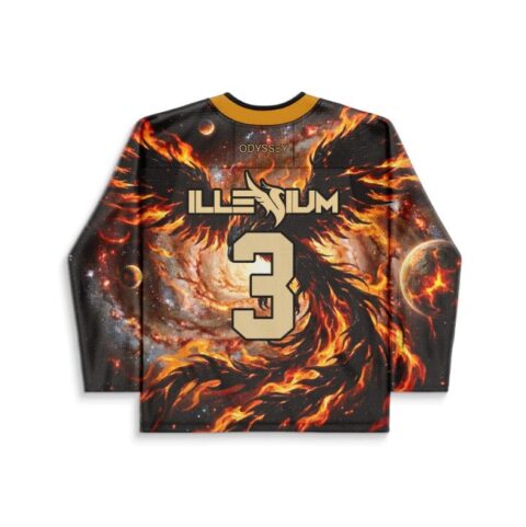 Black flaming phoenix pattern with ODYSSEY text and number 3, back view of festival hockey