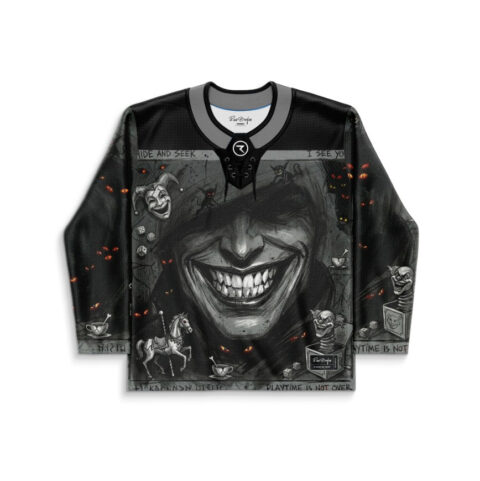 Creepy grinning clown collage, front view with “HIDE AND SEEK,” “I SEE YOU,” and “PLAYTIME