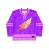 Purple distressed hockey jersey with orange winged stick emblem and pink stripes, front view
