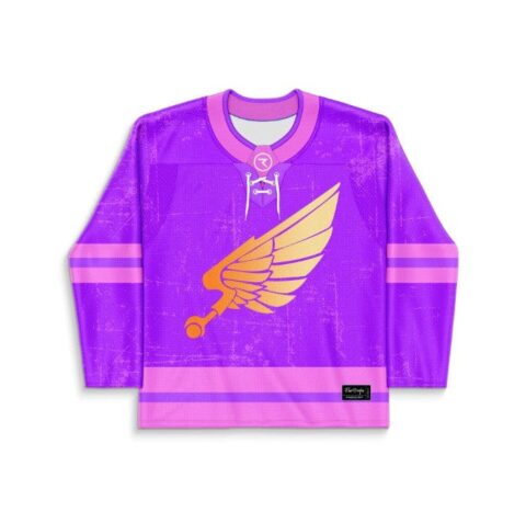 Purple distressed hockey jersey with orange winged stick emblem and pink stripes, front view