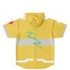 Back view of the yellow rave hooded baseball jersey with a green design and red accents