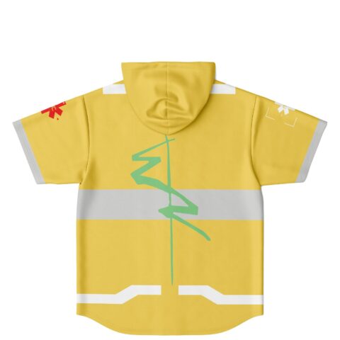 Yellow hooded jersey back view with green design and red accents