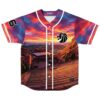 Fiery sunset landscape jersey with lion emblem and white piping, front view