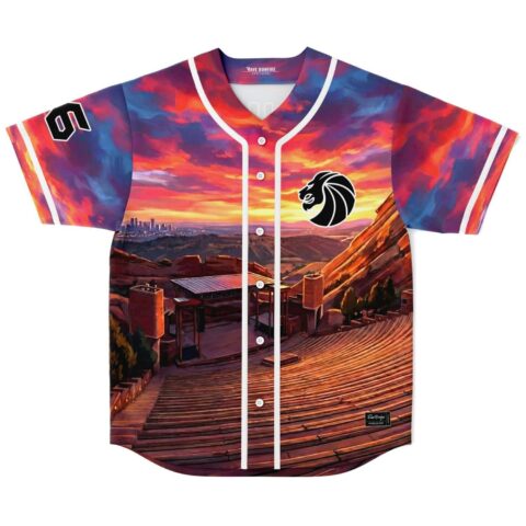 Fiery sunset landscape jersey with lion emblem and white piping, front view