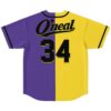 Purple and yellow split blocked panel jersey back with “O’neal” and number 34, shown flat