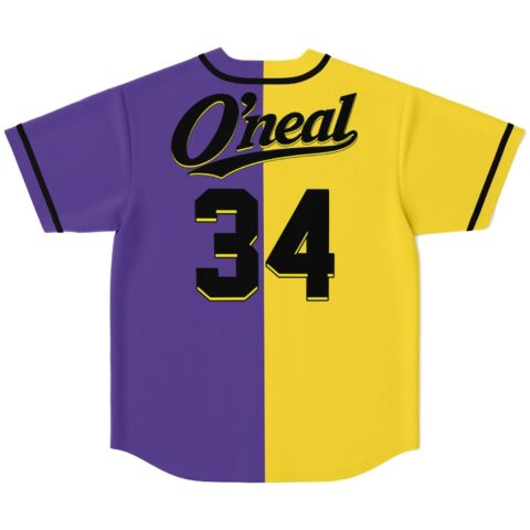 Purple and yellow split blocked panel jersey back with “O’neal” and number 34, shown flat