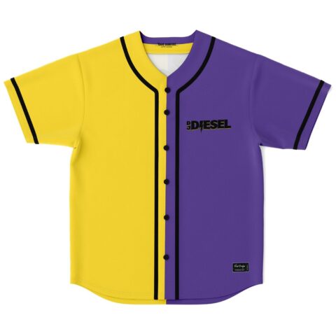 Purple and yellow split blocked panel jersey front with bass-inspired chest lettering, shown flat