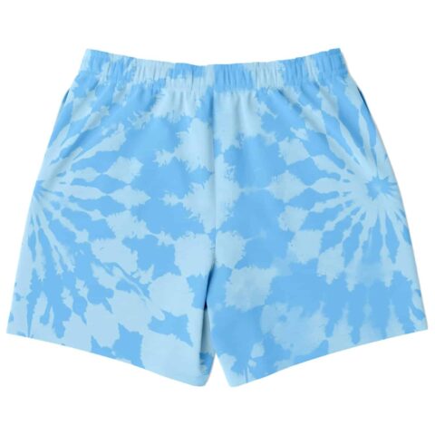 Cloud-like blue tie-dye swim trunks showing a radial pattern across the back, rear product view