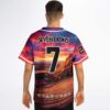 Fiery sunset landscape back jersey modeled with oversized number 7 and geometric symbols