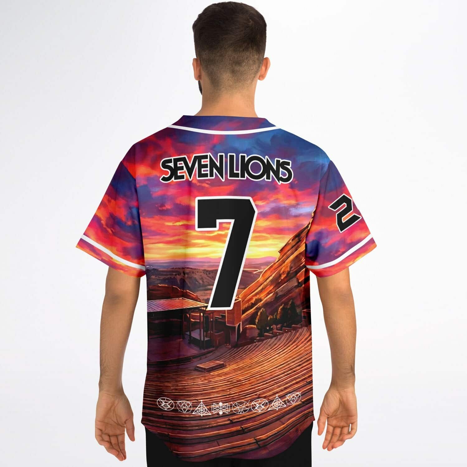 Fiery sunset landscape back jersey modeled with oversized number 7 and geometric symbols