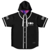 Black hooded jersey front view with white piping, geometric chest emblem, and colorful hood lining