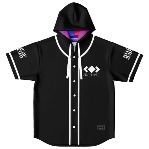 Black hooded jersey front view with white piping, geometric chest emblem, and colorful hood lining