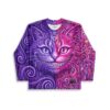 Split-face grinning cat jersey with purple-pink psychedelic swirls, shown front-on with lace-up collar