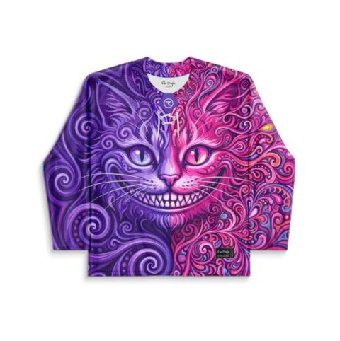 Split-face grinning cat jersey with purple-pink psychedelic swirls, shown front-on with lace-up collar
