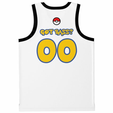 Bass-inspired white jersey back with yellow-and-blue GOT BASS? lettering and number 00, rear view