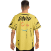 Crude hand-drawn smiley pattern with “DAVID” text, worn back view