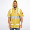 Model wearing the yellow and white stripe rave hooded baseball jersey
