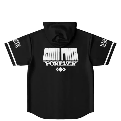 Black hooded jersey back view featuring bold white “GOOD VIBES FOREVER” lettering and trimmed sleeves