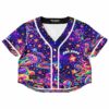Colorful cosmic swirl rave cropped baseball jersey with stars and festival text