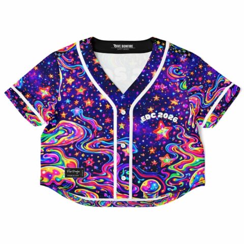 Colorful cosmic swirl baseball jersey with stars and festival text