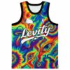 Neon psychedelic tie-dye jersey front with mushrooms, eyes, spirals, and readable “Levity” lettering