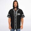 Model wearing black hooded jersey front view with white piping, geometric emblem, and sleeve lettering