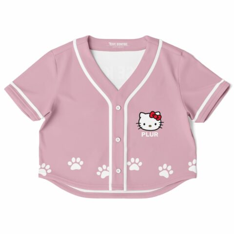 Pink cropped baseball jersey with cute cat graphic and paw prints