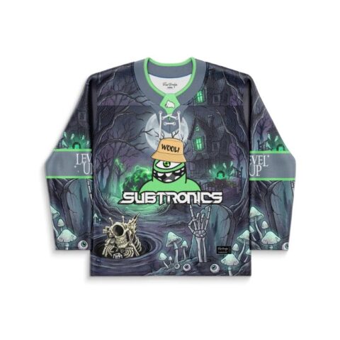 Haunted forest front view featuring a green one-eyed monster, skeletons, mushrooms, and neon accents