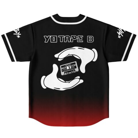 Black red-gradient jersey back featuring YO TAPE B and cassette artwork, rear view