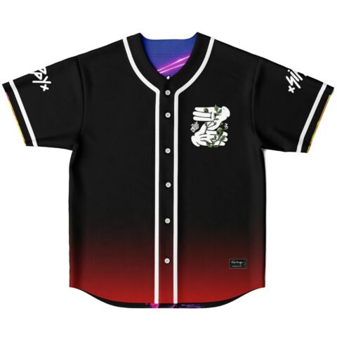 Black red-gradient jersey with white hand-and-alien graphic, shown in front view