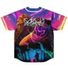 Neon fantasy mural jersey with bearded warrior and masked figure, displayed in back view
