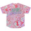 Pastel pink psychedelic liquid swirl baseball jersey back view with “I THOUGHT THIS WAS” text
