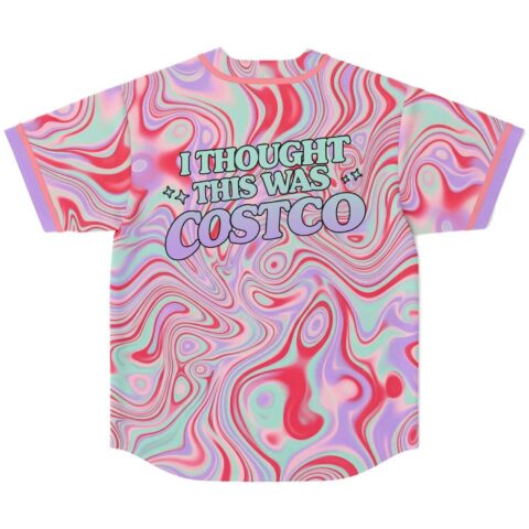 Pastel pink psychedelic liquid swirl baseball jersey back view with “I THOUGHT THIS WAS” text
