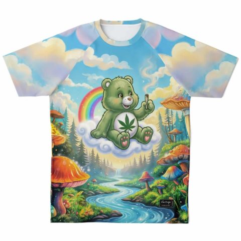 Colorful custom soccer jersey featuring bear in vibrant landscape