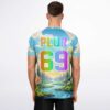 Model showing the back of the rave soccer jersey with rainbow text