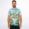 Model wearing the colorful bear rave soccer jersey with a forest background
