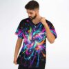Model wearing a black neon explosive swirl jersey with purple trim and TASTY text