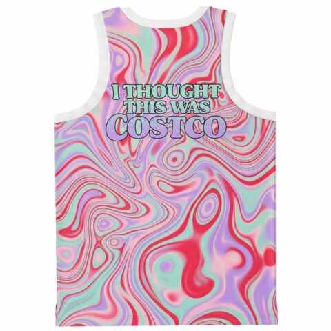 Colorful liquid marbled rave basketball jersey with bold lettering, reverse view displayed against white