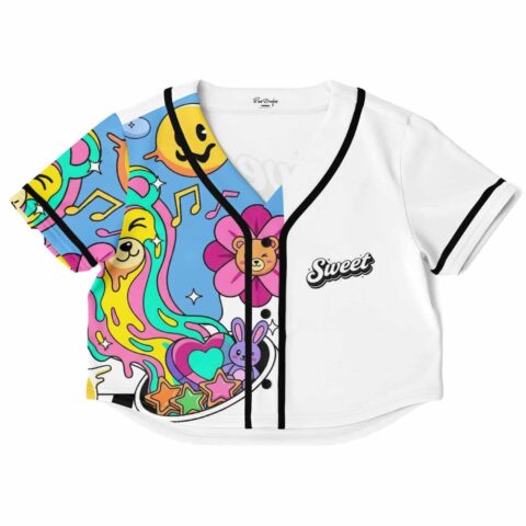 Colorful cropped baseball jersey with playful graphics and cheerful design