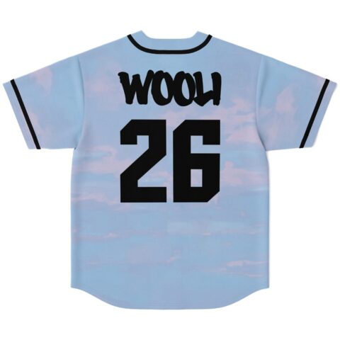 Pastel cloud print jersey back view featuring bold black lettering and oversized number 26