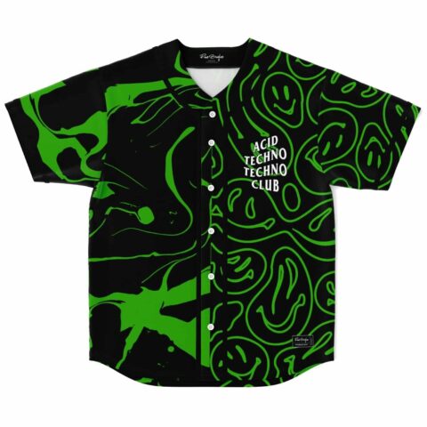Techno-inspired baseball jersey with green abstract patterns, front view