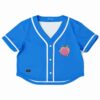 Front view of the blue rave cropped baseball jersey with a colorful logo